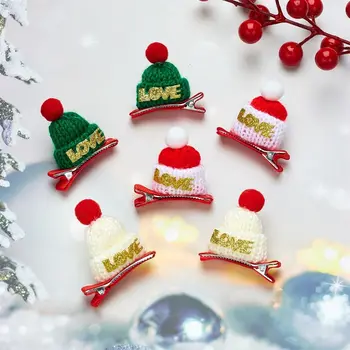 1 pár szép karácsonyi kalap hajtű gyermek Mini kötött aranyos DIY piros hajtűk Boldog karácsonyt dekoráció Hajkiegészítők Gyerek ajándék