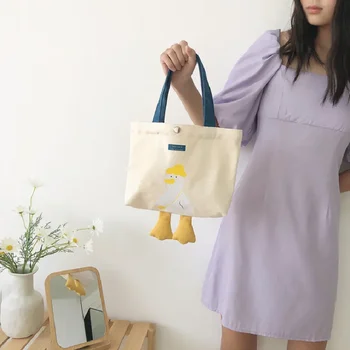 1PC női vászon uzsonnás táskák kézitáskák Aranyos rajzfilm sárga kacsa uzsonnás táska alkalmi egyszerű táskák női divattáska Lonchera
