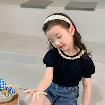 2023 Nyár Korea Style Sweet Kids póló Kötés Pamut puha O-nyakú lyukú buborékujj Aranyos divat Új design lányoknak