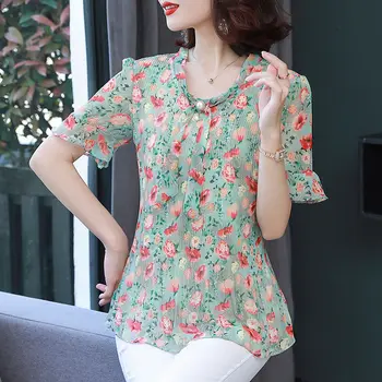 2023 Női ruházat Virágos egyszerűség elegáns vékony nyári pólók Koreai divat vékony patchwork O-nyakú pulóverek rövid ujjú
