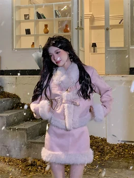 2023 Téli rózsaszín meleg kabát öltönyök Koreai divat műszőrme 2 részes szoknya szett női alkalmi Y2k blézer kabátok + miniszoknyák elegáns