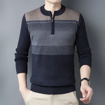 2023 Őszi és téli új férfi divat alkalmi cipzáras színblokkoló pulóver egyszerű, sokoldalú meleg pulóver