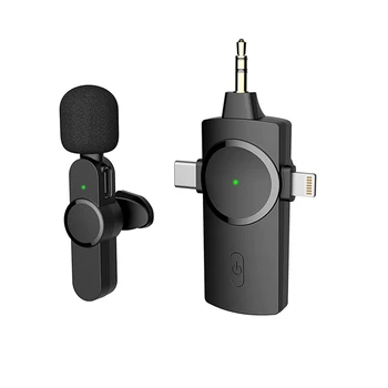 3 az 1-ben vezeték nélküli Lavalier mikrofon iPhone / iPad / Android / fényképezőgéphez, Plug-Play 2.4Ghz hajtókás mikrofon videofelvételhez