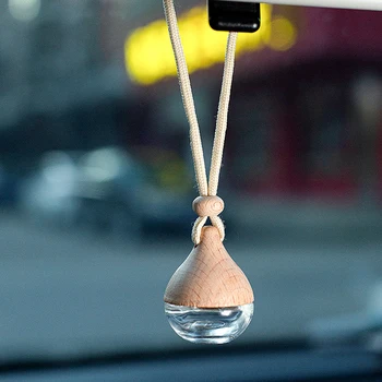 6ML üres autó légfrissítő medál parfümös üvegpalack fa kupakkal újratölthető autó illóolaj diffúzor palack