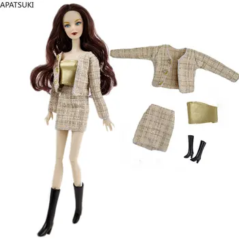 Arany kockás divatbaba ruhakészlet Barbie baba ruhákhoz 1/6 baba kiegészítők Barbie Lady felső kabáthoz Szoknya csizma játékok