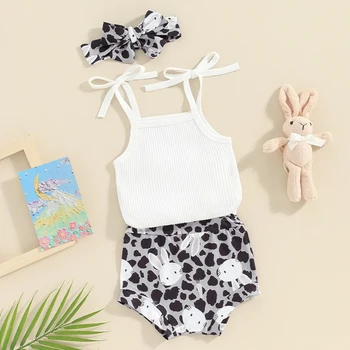 Baby Girls Easter Outfits Shorts Set Ujjatlan Romper Bunny Print rövidnadrág hajpánttal Újszülött nyári ruhák