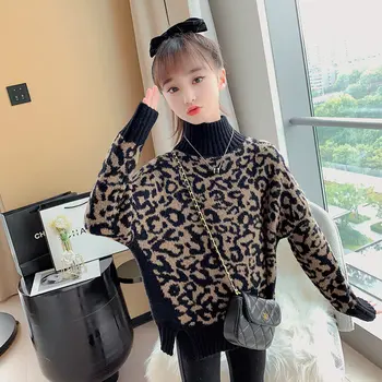 Baby Girls Leopard Print garbós pulóver Új őszi téli koreai stílusú laza kintáru ruha felső gyerekeknek 6 8 10 12 13Évek