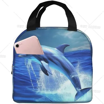 Blue Ocean Dolphin Print Lunch Bag for Women Portable Insulated Reusable Tote Bag Lunch Box for Work Camping Travel Piknik