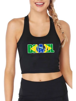 Brazília zászló Grafikai tervezés Szexi Slim Crop Top Lány retro hazafias emlékmű stílusú Tank felsők Labdarúgás Sport Fitness Camisole