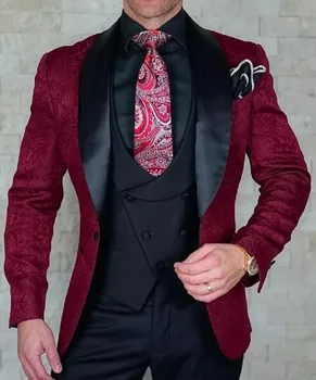 Burgundia esküvői férfi öltönyök Slim Fit Tuxedo 3 részes öltöny Vőlegény bál szalagavató Jacquard Blazer Terno Masculino öltöny