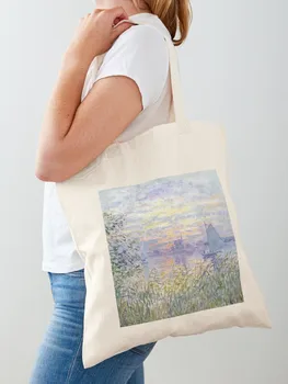 Claude Monet Soleil Couchant Sur la Sein Tote táska Újrafelhasználható vászon Divat Vásárlás Élelmiszerbolt Iskola Femal Gril Nők Személyes