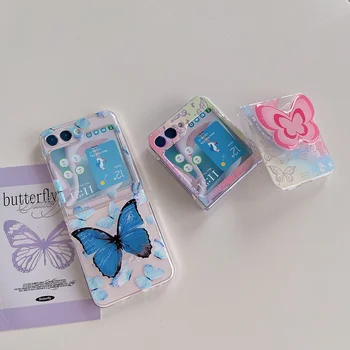 Clear INS Butterfly Phone Case for Samsung Galaxy Cover for Z Flip 5 Protection Z5 Hard PC Aranyos rajzfilm héj konzollal