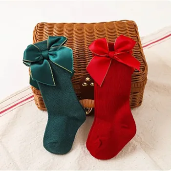 Cotton Baby Girls Christmas Zokni Lélegző kopásálló Nagy masni Piros térd Magas Hosszú zokni Puha és bőrbarát Meleg