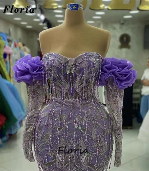 Csillogó lila hosszú ujjú estélyi ruhák Dubai vállon kívüli sellő koktélparti ruha Arab Couture kristályok báli ruhák