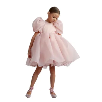 Demongirl Születésnapi hercegnő Szoknya puffos ujjú gyermekruházat Hát nélküli gauzes Gyermek ruha Esküvői ruha Lány viselet rózsaszín