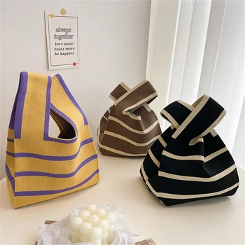 Divat kézzel készített kötött kézitáskák női mini csomós csuklótáska koreai alkalmi színes táskák diák újrafelhasználható bevásárlótáskák 2023 Új