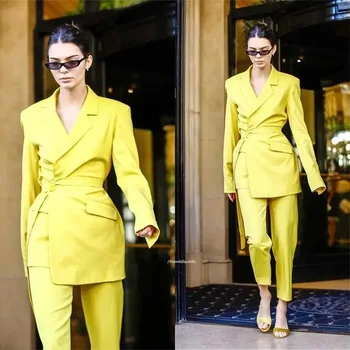 Divat sárga női öltöny 2 darab övvel Blazer+nadrág szalagos parti viselet egyedi készítésű Lady Daily Blazer öltöny szett