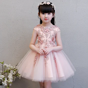 Elegáns rózsaszín tüll virág lány ruha esküvőkre Babakeresztelő parti szépségverseny hercegnő ruha gyöngy virágos gyerek elsőáldozási ruha