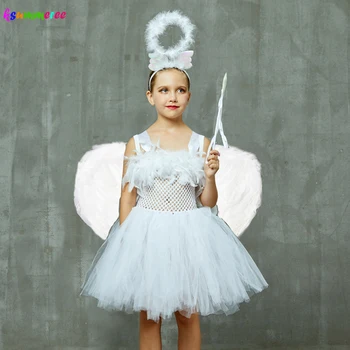 Fehér angyal lányok tollas tutu ruha gyerekek Halloween születésnapi zsúr jelmez lány karácsonyi betlehemes ruha szárnyakkal Halo ruha