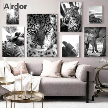 Fekete-fehér elefánt leopárd növény levél művészet vászon festészet északi vadállatok poszter nyomtatás fali képek nappali dekoráció