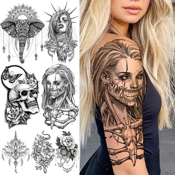 Fekete gengszter csontváz Vámpír Halloween Ideiglenes tetoválások nőknek Reális Punk lányok Koponya Hamis tetoválás matrica Kar Tatoos