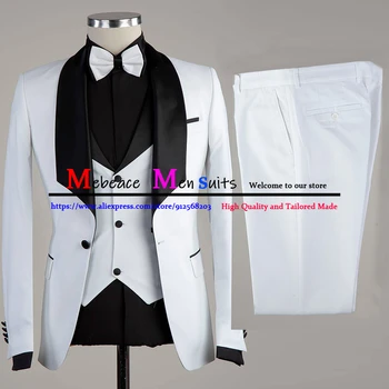 Fekete hajtóka fehér öltöny férfi 3 részes egyedi gyártású vőlegény esküvői öltöny Tuxedo Fashion Formális Party Business Blazer mellény nadrág szett