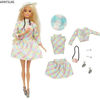Film divat ruhakészlet Barbie baba ruhákhoz Ujjatlan felső midi szoknya kabát Fülbevaló Kalap cipő Játékok 1/6 baba kiegészítők