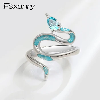 Foxanry Blue csepp máz cirkon kígyó geometriai gyűrűk nőknek Pároknak Új divat Egyszerű személyiség Party ékszer kiegészítők