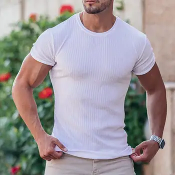 Férfi Sport póló felső egyszínű kerek nyakú fitnesz rövid ujjú blúz alkalmi slim fit pulóver nyári edzőterem testépítés