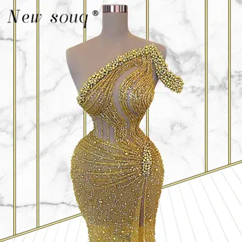 Glitter Golden One gyöngyös vállú flitteres hosszú estélyi ruhák Szexi formális gyöngyök sellő lányok parti ruhák hasított köntössel