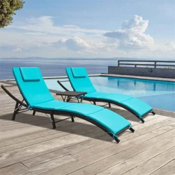 GUNJI Lounge székek külső használatra 3 részes terasz állítható dívány Kültéri fonott lounge székek 2 db-os készlet asztalösszecsukható