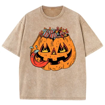 Halloween téma Mosott y2k pólók, Vintage Evil Pumpkin grafikus nyomat, 100% pamut Unisex mosás részletei Macska mintás pamut póló