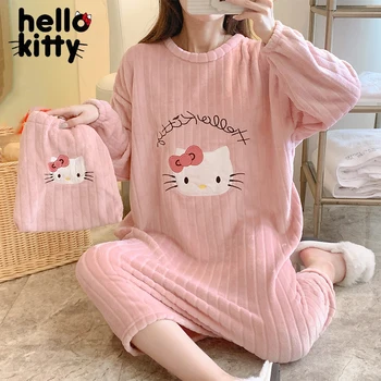 Hello Kitty hálóruha téli nők hosszú ujjú pizsama sűrített flanel meleg hálóingek női bő hálóingek otthoni viselet