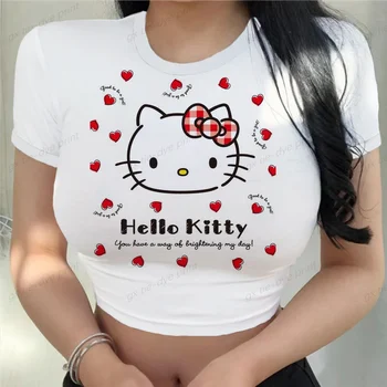 Hello Kitty nyomtatás Harajuku póló női Streetwear rövid ujjú vékony crop topok nyári Y2K ruhák Baba pólók Lány rövid felső