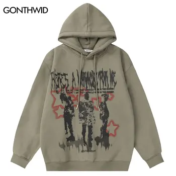Hip Hop Fleece bélelt kapucnis pulóver Streetwear Retro Star Shadow Graphic Print Punk Goth kapucnis pulóver 2023 Harajuku laza pulóver