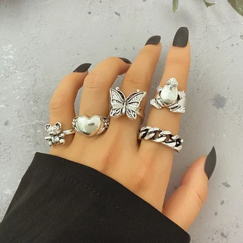 Hiphop vintage ezüst színű kis medvebéka pillangó szerelmi gyűrűk nőknek Punk szív pillangó Boho csuklógyűrű szettek ékszerek
