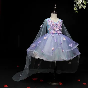 Ibolya csipke lány hercegnő ruha rátétek puffadt virág lány ruhák hátsó lány születésnapi ruha esküvői parti úrvacsora vestido