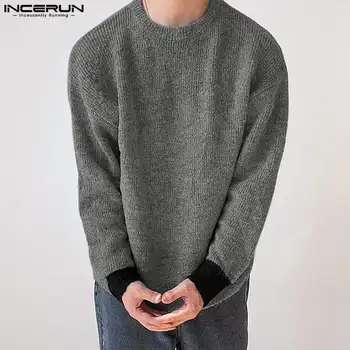 INCERUN felsők 2023 Koreai stílusú új férfi egyszerű alkalmi tömör pulóver divat férfi mandzsetta kontraszt O-nyakú hosszú ujjú pulóver S-5XL