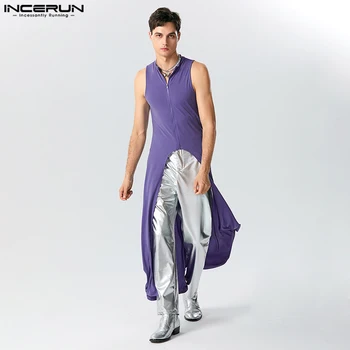 INCERUN férfi szabálytalan tankfelsők egyszínű cipzár V nyak ujjatlan férfi mellények Streetwear 2023 stílusos, hosszú stílusú felsők S-5XL
