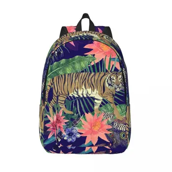 Iskolatáska Diák hátizsák Vintage akvarell Tigris egzotikus tollak levelek Virágok váll hátizsák laptop táska Iskolai hátizsák