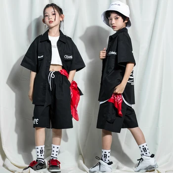Kids Cool Hip Hop tánc ruházat Fekete rövid ujjú ing Cargo rövidnadrág lányoknak Fiúk Jazz tánc jelmezek Streetwear ruhák