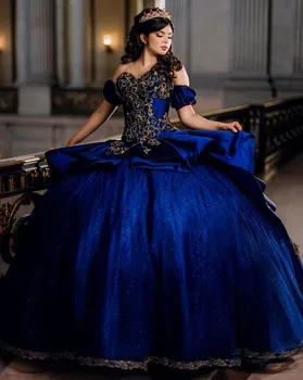King Blue Princess báli ruha Quinceanera ruha puffadt vállról Gillter rátétes gyöngyös vestido debütáns 15 anos tema galáxia