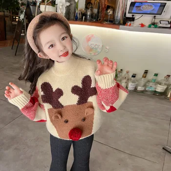 kislány pulóver őszi téli vastag pulóver kötött pulóver aranyos szarvas gyerekek kötöttáru Koreai kisgyermek ruhák 2-10 év