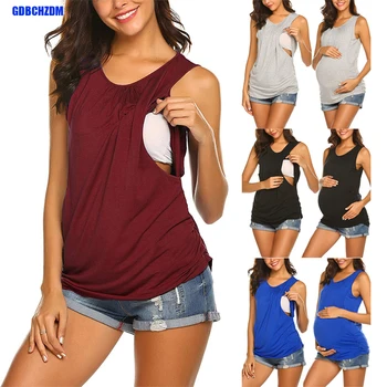 Kismama tartály Top női szoptatós ing alkalmi ujjatlan oldal Ruched Crew nyak Alap ápolómellény Terhesség szoptató póló