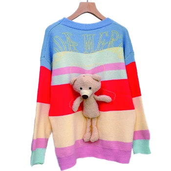 Kiváló minőségű 2023 ősz Új édes színű csíkos kötött koreai osztály kerek tűs medve pulóver Trend divat Y2k ruhák