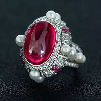 KQDANCE Luxus 925 Sterling Ezüst Nagy ovális vágás 13*18mm Ruby Red Pearls Gemstone High Carbon Diamonds gyűrű Női finom ékszerek