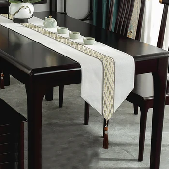  Kínai stílusú pamutvászon asztali futó bojtokkal, étkezőasztalterítő, hosszú csík terítő, tea kávé dekoratív asztalterítő