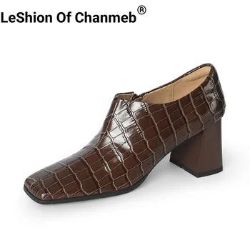 LeShion Of Chanmeb Krokodil mintás tehénbőr cipő női retro kézzel készített cipzár szögletes lábujj vaskos magas sarkú szivattyú barna 33-40