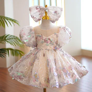 Luxus Rövid Kislányok Estélyi party ruhák Flitteres esküvői születésnapi jelmez báli ruha Hivatalos csipke ruha báli frock gyerekeknek