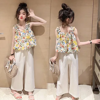 Lány ruhakészletek 2023 Nyári koreai ujjatlan mellény felsők Széles szárú nadrág Két darab Tini lányok divat laza alkalmi ruházat